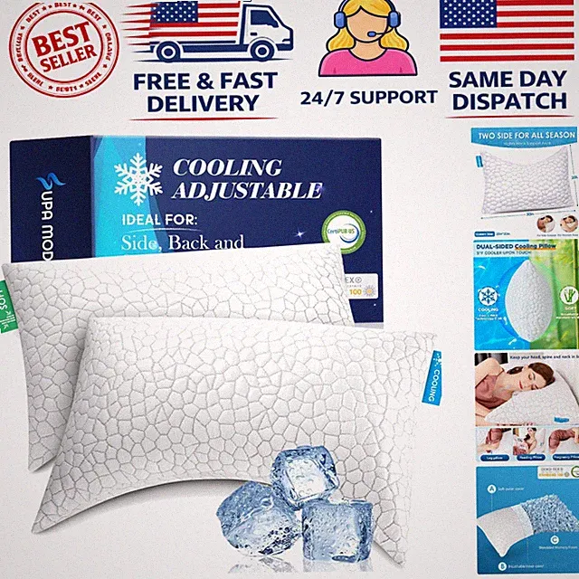Set of 2 Queen Cooling Pillows - Ergonomic Adjustable Memory Foam for Neck Pain