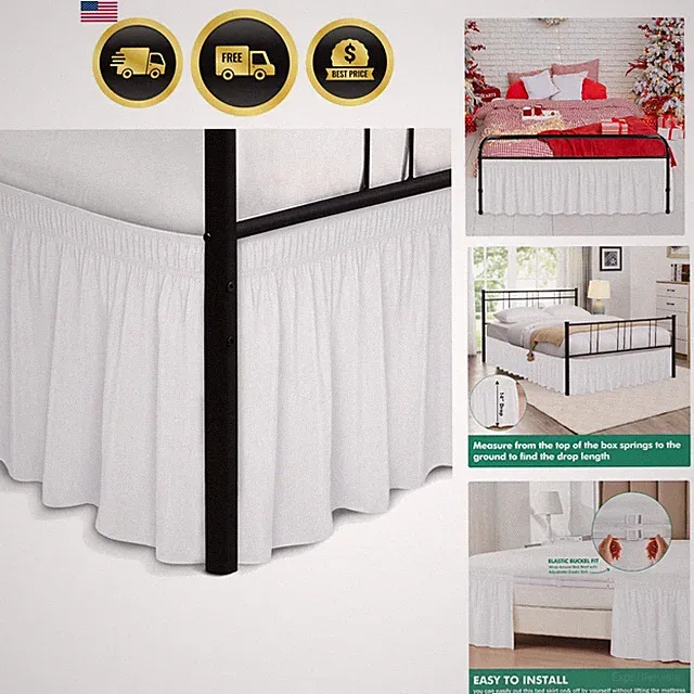 Wrap Around Bed Skirts with Split Corners for Queen Beds 14" Drop, White Elas...